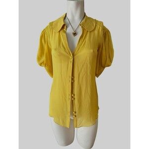 Temperley London silk sheer Yellow  silk‎ ruffle blouse UK 8 Short sleeves